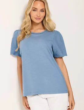 Embroidered Sleeve Cotton T-Shirt - Light Blue - Size: 20 - M&Co - FashionsVida