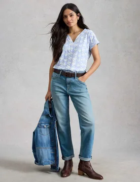Pure Cotton Print Notch Neck T-Shirt Blue Mix female - White stuff - FashionsVida