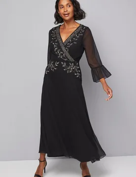 Womens Embellished Wrap Flute Sleeve Midi Dress - Black - Size 10 Uk - Wallis - FashionsVida