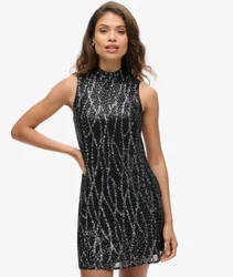 Superdry Damen Ärmelloses A-linien-minikleid mit Pailletten Schwarz - Größe: 36