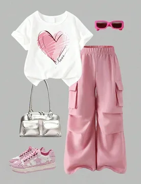 Conjunto de top de manga corta con cuello redondo y estampado de dibujos animados y pantalones cargo para niña - Shein - FashionsVida