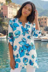 Floral Wrap Hem Stretch Tunic Top - Multicolor - Size: 16