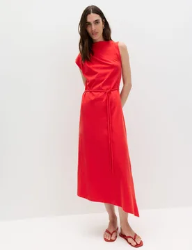 Pure Cotton Tie Waist Midi Column Dress Chilli female - M&S - FashionsVida