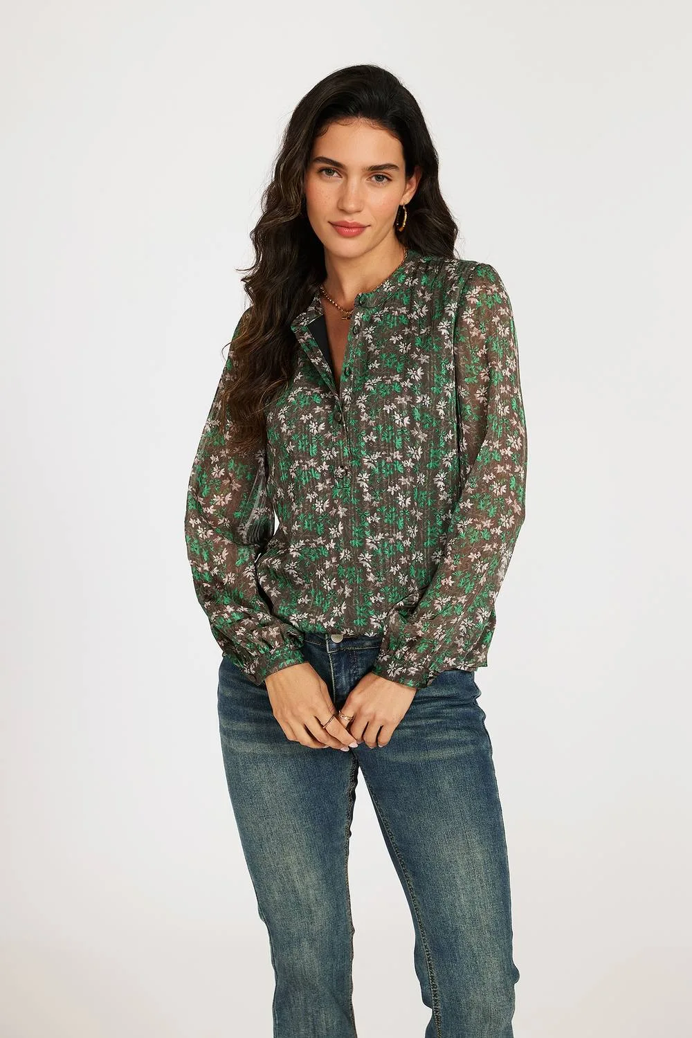 Women's Silver Thread Floral Grandad Sheer Brown Blouse Size: Large - Brown - Size: L - FS Collection - FashionsVida