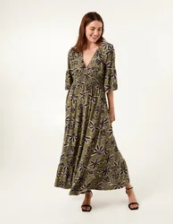Tropical Print Elasticated Neck Shirred Waist Maxi Dress - L/XL / KHAKI - female