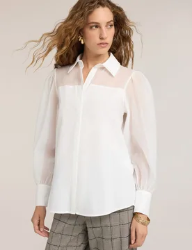 Camisa de mujer de popelín con detalles semitransparentes abertura frontal con cuello clásico - Motivi - FashionsVida