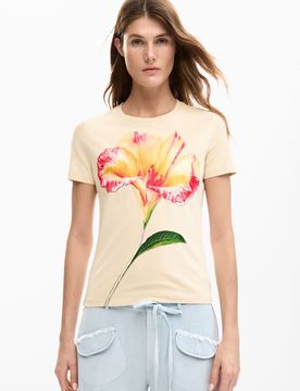 Camiseta hibiscos, Mujer, Algodon, Blanco, XS