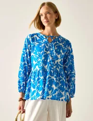 Primden Cotton Rich Tie Neck Blouse With Linen Blue female
