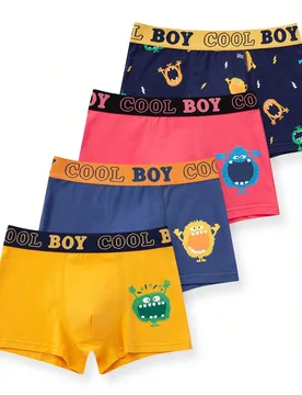 Chico preadolescente 4 piezas Calzoncillos boxer con estampado de dibujos animados de cintura con cinta con letra - Shein - FashionsVida