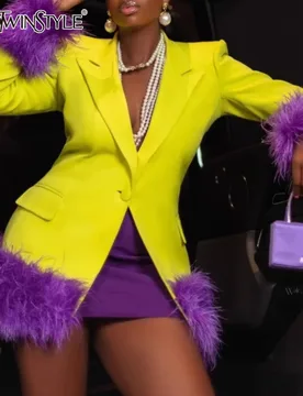 TWOTWINSTYLE Colorblock Slimming Spliced Feather Blazer for Women Lapel Long Sleeve Patchwork Button Temperament Coat Female New - Aliexpress - FashionsVida