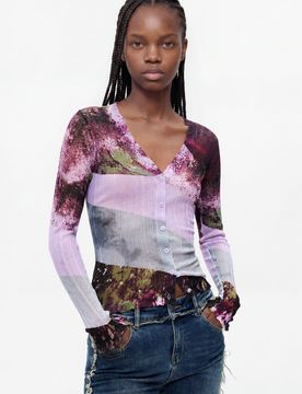 Pull à col en V imprimé, , Rouge, XS