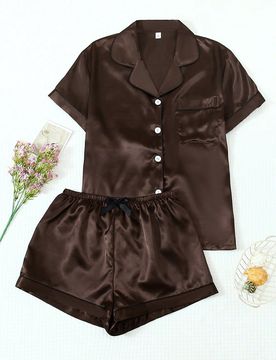 Piezas Conjunto de pijama de satén, top con cuello y shorts con lazo, ropa de dormir y de estar en casa para mujer