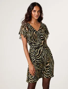 Animal Print Frill V Neck Mini Mesh Dress - L / ANIMAL - female - Blue Vanilla - FashionsVida