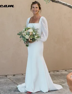 DREAM Simple Mermaid Wedding Dresses Square Collar Long Puff Sleeves Plain Bridal Gowns Sweep Train Vestido De Noiva Customized - Aliexpress - FashionsVida