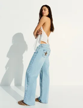 Jeans Baggy Fit Clous Étoiles 38 Bleu Lavé - Bershka - FashionsVida