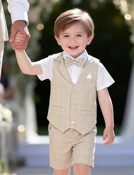 Set de 3 piezas: Chaleco a cuadros estilo caballero, pantalones cortos con corbata de moño para niños, adecuado para fiestas de cumpleaños, banquet - Shein - FashionsVida