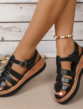 Sandalias romanas de verano para mujer con estampado de veta de madera, de punta abierta, ligeras y cómodas, con cuña de plataforma gruesa y diseño - Shein - FashionsVida