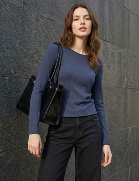 Blusa di cotone a coste con maniche lunghe - blu