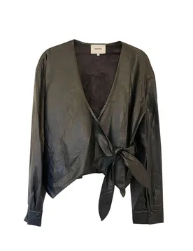 Black Faux Leather Wrap Top - Nanushka - FashionsVida