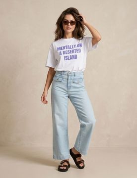 Jeans straight wide leg a vita media - blu