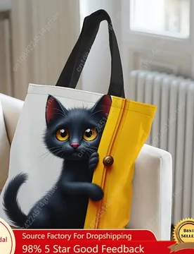 Stylish Black Cat Print Tote Bag Lightweight & Foldable Shoulder Shopping Bag for School Travel Portable Storage Handbag - Aliexpress - FashionsVida