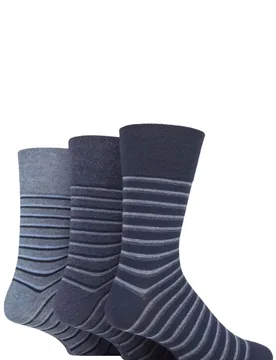 Mens 3 Pair Cotton Argyle Patterned and Striped Socks Varied Stripe Navy / Denim 6-11 Mens - Blue - Size: 6-11 Mens - Gentle Grip - FashionsVida