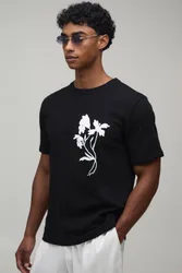 Herren Normal Geschnittenes Oberteil Mit Gezeichnetem Blumendruck Black Größe XS