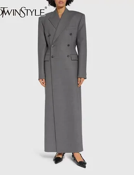 TWOTWINSTYLE Solid Temperament Long Blazers For Women Notched Collar Long Sleeve Tunic Patchwork Double Breasted Coats Female - Aliexpress - FashionsVida