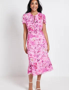 Women's Petite Floral Dobby Tie Front Midi Dress in Pink Size: 20 - Pink - Size: 20 - Wallis - FashionsVida