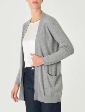 Cardigan midi grigio in puro cashmere senza bottoni di chiusura con tasche laterali - Cachemire Line - FashionsVida