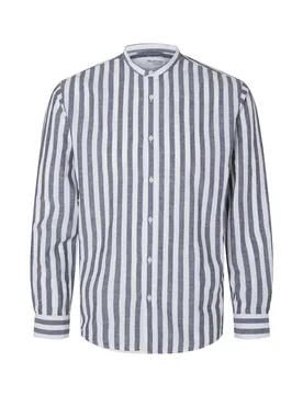 Camicia coreana a righe bianche e blu in misto cotone e lino - Homme - FashionsVida