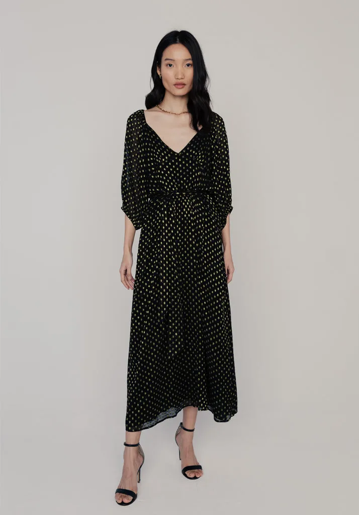 Katherine Billowy Sleeve Gold Spot Midi Dress In Black - 6 - Lily and Lionel London Limited - FashionsVida
