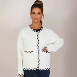 Soft Boucle Trim Fuzzy Cardigan Sweater - Ivory - Size: One Size