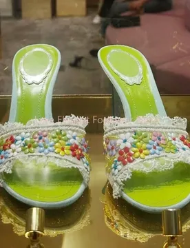 Green Colorful Flower Shallow Stiletto Slippers Women Lace Open Toe Slip On Mules Sandals Lovely Fashion Beach Party Slippers - Aliexpress - FashionsVida