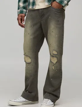 Mens Slim Flared Knee Rip And Repair Paint Splatter Jeans - Green Cotton - Size 32r - boohooMAN - FashionsVida