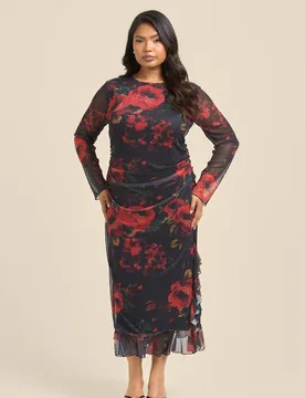 Women's Curve Rose Print Ruffle Hem Mesh Midi Dress in Black Size: 20 - Black - Size: 20 - FASHION-SZN - FashionsVida