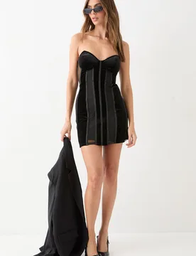Womens Premium Tailored Mesh Panel Velvet Dress - Black - Size 8 Uk - misspap - FashionsVida