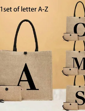 Piezas Conjunto de bolsas de lona con estampado minimalista de iniciales, esencial de viaje, bolsa de cosméticos, bolsa de maquillaje de viaje de gra - Shein - FashionsVida