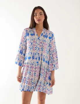 Pin Tuck Tiered Abstract Smock Dress - L / BLUE - female - Blue Vanilla - FashionsVida