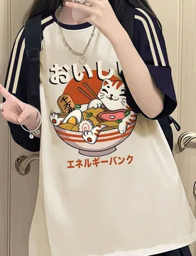 Camiseta de manga corta a rayas suave con diseño japonés de gato ramen, atuendo casual de verano para niñas - Shein - FashionsVida