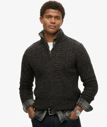 Superdry Herren Vintage Jacob Zopfstrickpullover mit Halblangem Reißverschluss Schwarz - Größe: M