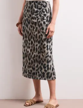 Midi-Rock aus Mesh mit Print female Beige
