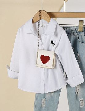 Pieza Camisa de manga larga con cuello vuelto y botones a rayas con gráfico bordado en la parte delantera, top casual para otoño para niñas