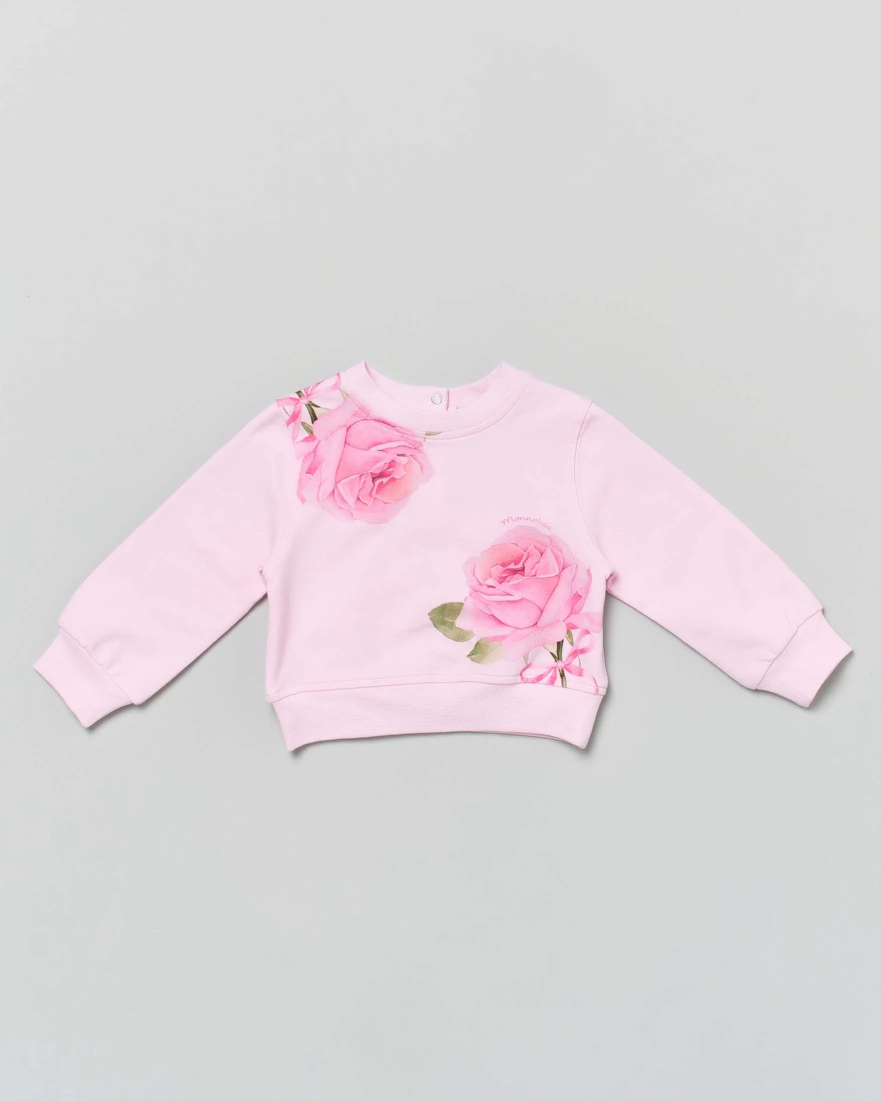 Felpa girocollo rosa in cotone stretch con rose - Monnalisa - FashionsVida