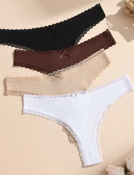 Piezas de bragas tipo tanga para mujer con parches de encaje romántico de colores mezclados, con lazos lindos, ropa interior de mujer cómoda y elás - Shein - FashionsVida