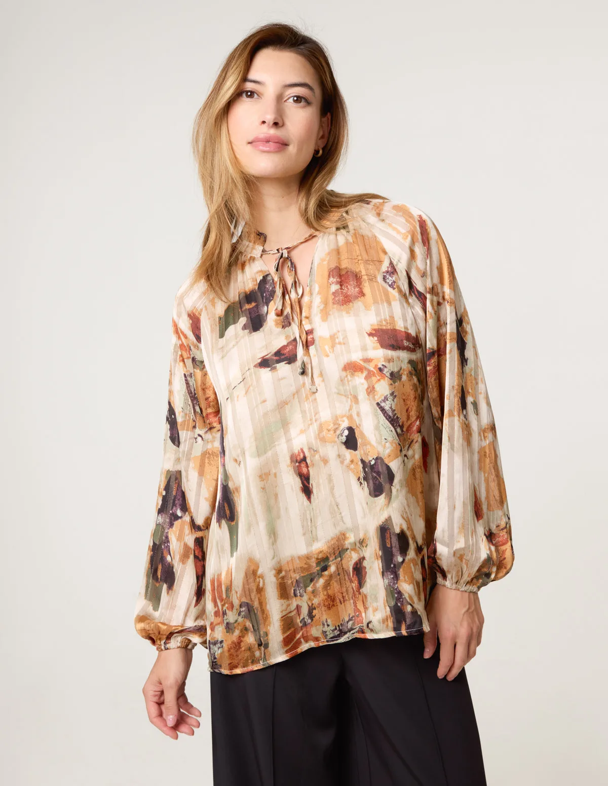 Printed Tie Neck Blouse - S / MULTI - female - Blue Vanilla - FashionsVida