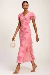 Lace Insert Mesh Midi Dress - Bright Pink - Size: 16