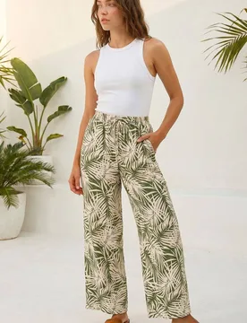 Women's Petite Leaf Print Wide Leg Trouser in Khaki Size: 14 - Khaki - Size: 14 - Roman - FashionsVida