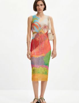 Robe midi tropicale multicolore, Polyester, XS