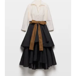 Vestido midi manga francesa con top blanco y falta negra